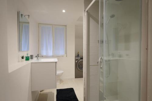 ein Bad mit einer Dusche, einem Waschbecken und einem WC in der Unterkunft Studio neuf cosy La flèche in La Flèche