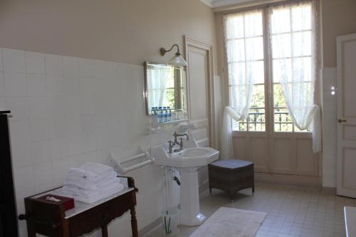 Baño blanco con lavabo y espejo en Appartement du Château du Grand Bouchet, en Ballan-Miré