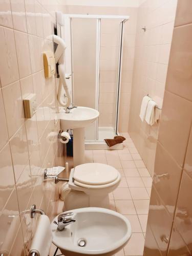 a small bathroom with a toilet and a sink at Hotel San Marco in Pesaro