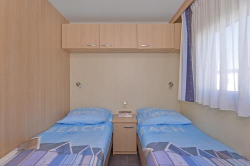 two beds in a small room with a window at Vakantiepark de Boomgaard in Westkapelle