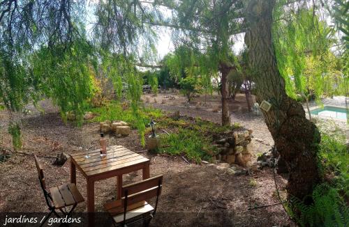 einen Holztisch und Stühle unter einem Baum in der Unterkunft Live Finca San Miguel in San Miguel de Abona