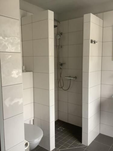 a white bathroom with a toilet and a shower at Budgethotel Stadtbett Wolfsburg in Wolfsburg