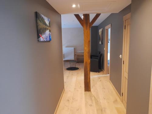 a hallway with a tree in the middle of a room at Le refuge de Julia in La Roche-en-Ardenne