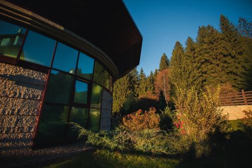 a building with glass windows on the side of it at Denisa Boutique in Poiana Brasov
