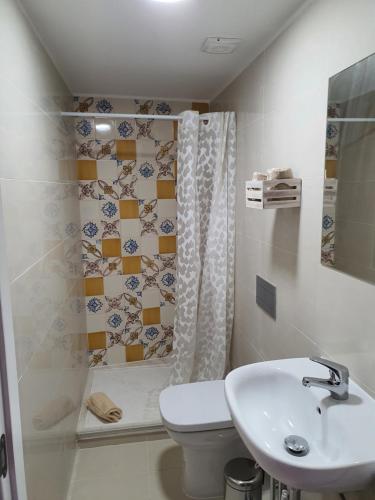 y baño con aseo, ducha y lavamanos. en Casa do Salvador I en Évora