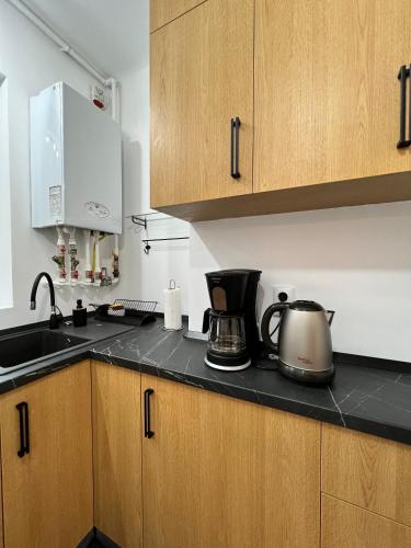 a kitchen with a sink and a coffee maker on a counter at Hot Spot - Premium Loft - Sanador Victoriei in Bucharest