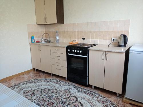 een keuken met een zwarte kachel en een wastafel bij Апартаменты на Первомайская 37 "А" in Semey
