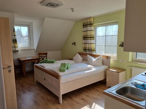 1 dormitorio con cama y lavamanos en Spreewälder Feriendomizil/Pension, en Burg