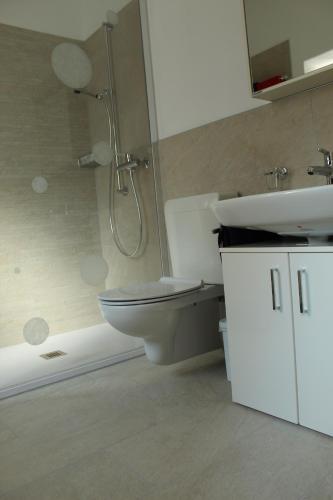 uma casa de banho com um chuveiro, um WC e um lavatório. em Ca da la nona em Cavigliano