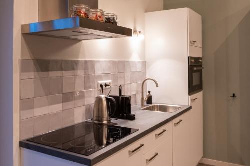 a kitchen with a sink and a counter top at Bed en Wellness de Paauw in IJzendijke