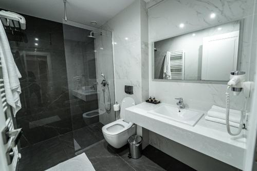 a bathroom with a toilet and a sink and a shower at Hotel Caprice in Bacău