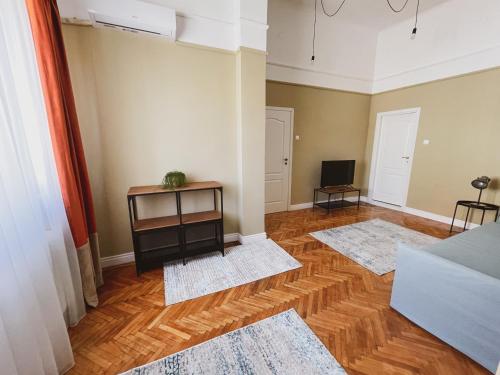 a living room with three rugs on the floor and a television at Allegro apartments city center in Oradea