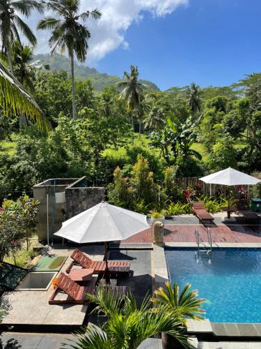 een zwembad met stoelen en parasols naast een resort bij Red island villas in Banyuwangi