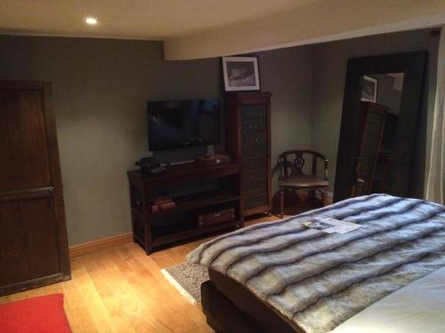 a bedroom with a bed and a flat screen tv at Maison de charme à Crupet et le gîte la suite in Crupet