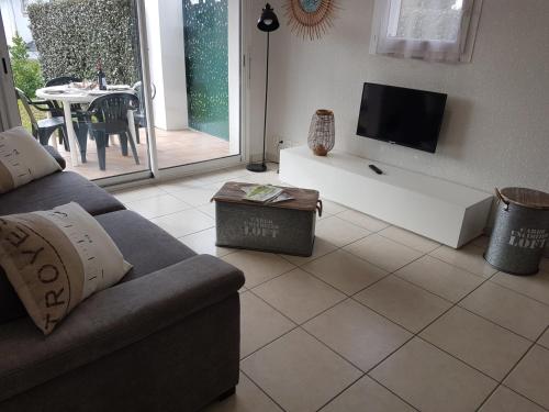 un salon avec un canapé et une télévision dans l'établissement Bel appartement Socoa/Urrugne 3*** terrasse jardin, à Urrugne