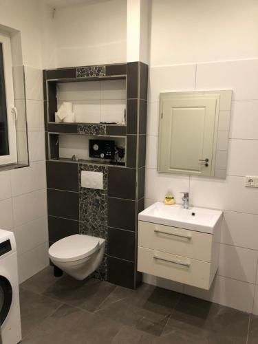 uma casa de banho com um WC, um lavatório e um espelho. em Haus Pazarcik em Nordenham