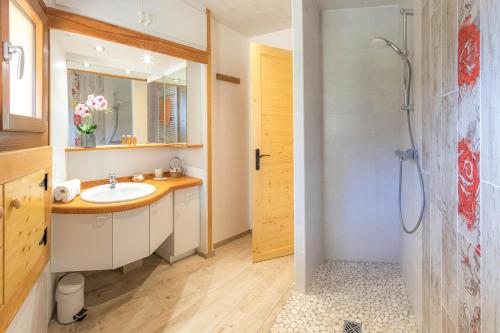 La salle de bains est pourvue d'un lavabo et d'une douche. dans l'établissement Chambres d'hôtes l'Abondance, à Pont-du-Fossé
