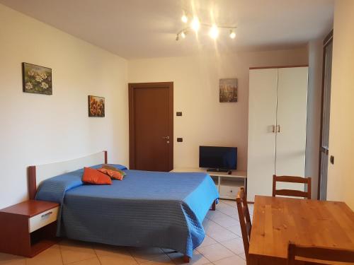 Schlafzimmer mit einem Bett, einem Tisch und einem TV in der Unterkunft Apartment Lake Maggiore - Elisa in Maccagno Inferiore