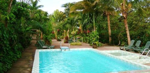 una piscina con sillas y palmeras en Sunset Bay Club All Inclusive, en Colihaut