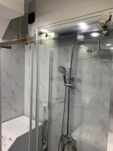 una doccia con porta in vetro in bagno di Aleksinac ad Aleksinac
