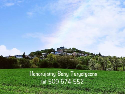 a house on top of a hill in a field at Alba Góra Św Anny Restauracja i Pokoje in Góra Świętej Anny