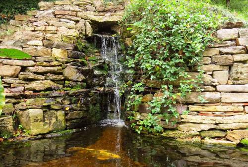a waterfall in a stone wall with a pond at BENTON PLACE INN in Eureka Springs