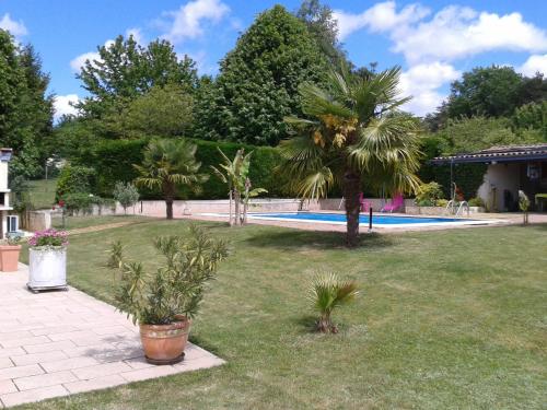 een tuin met palmbomen en een zwembad bij Chez Isa et Dens in Marsac-sur-lʼIsle
