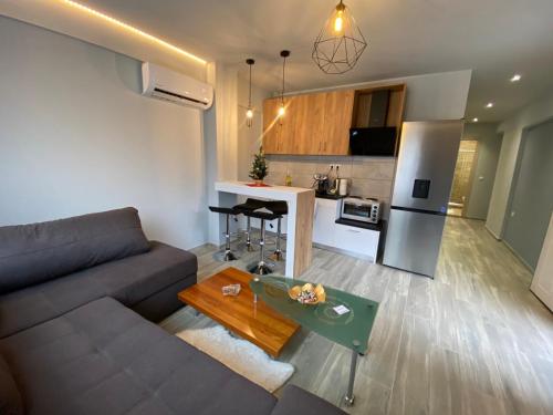 a living room with a couch and a table and a kitchen at Alexandras cozy apartment Ioannina in Ioannina