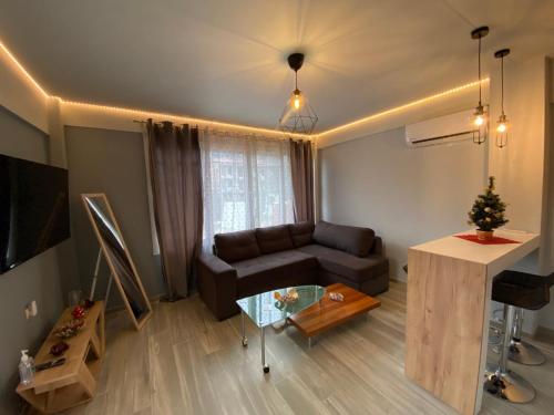 salon z kanapą i szklanym stołem w obiekcie Alexandras cozy apartment Ioannina w mieście Janina