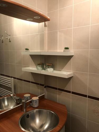 une cuisine avec évier et étagères en acier inoxydable dans l'établissement Ch'ti NID au pays des lacs, à Alièze