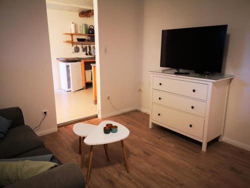 a living room with a tv on top of a dresser at *lütt* Ferienwohnungen lütt & groot in Epenwöhrden