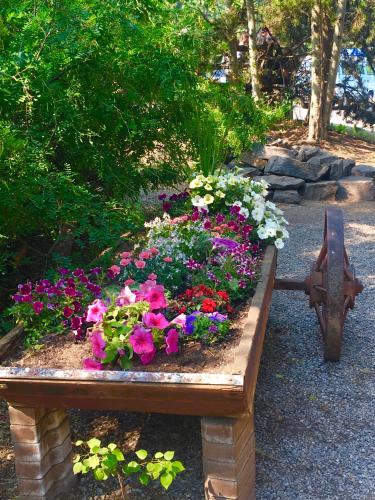 a bench filled with flowers in a garden at Johnston Canyon Lodge & Bungalows in Castle Junction