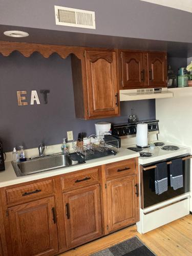 a kitchen with a sink and a stove top oven at Riverboat Suites in Galena