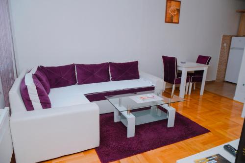 ein Wohnzimmer mit einem weißen Sofa und einem Tisch in der Unterkunft Apartman Luna lukavica in Lukavica