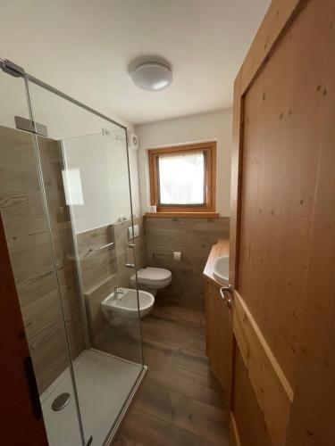 een badkamer met een douche, een toilet en een wastafel bij Trilocale Ortles - Residenza Vallecetta 2 in Piatta