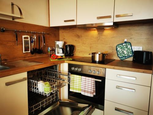 a kitchen with a dish rack on the oven at Ferienwohnung Alpenlodge in Rieden am Forggensee