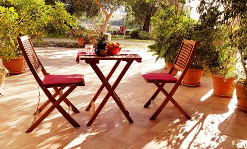 a wooden table and two chairs sitting on a patio at Le Caracol - Appartamenti immersi nel verde della campagna e a 1 chilometro da Orosei in Orosei
