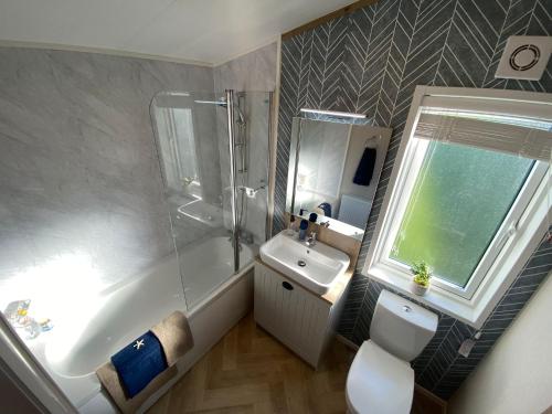 a bathroom with a shower toilet and a sink at Daphne's Lodge in Mawgan Porth