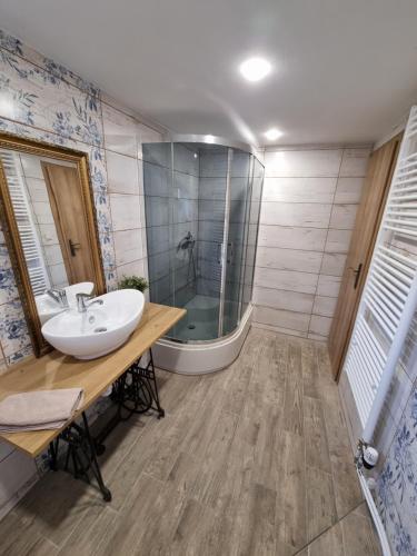 a bathroom with a sink and a glass shower at Domček pod orechom in Banská Štiavnica