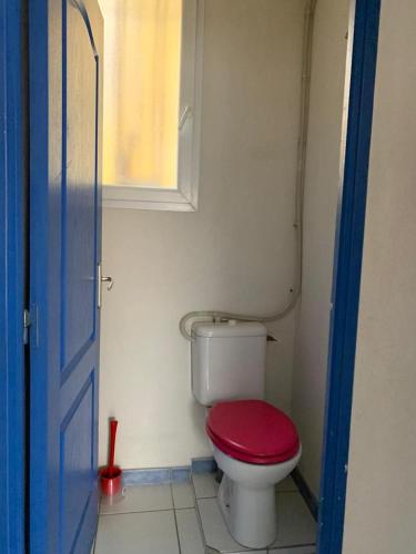 een badkamer met een toilet met een rood deksel bij Rez-de-chaussée Majorque centre de Perpignan in Perpignan
