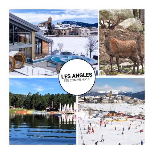 a collage of photos with people and animals and a lake at Le Petit Ours & Le Petit Cerf - Studios vue lac & montagnes in Les Angles