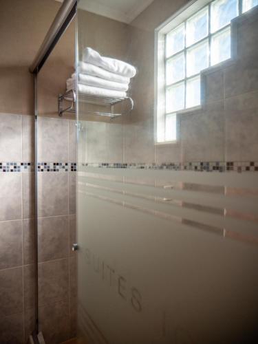 a bathroom with a shower and a glass shower door at Palma Real Posada in Puerto Iguazú