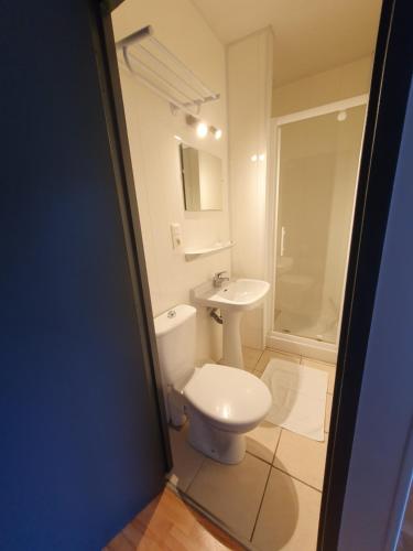 a bathroom with a white toilet and a sink at Chambre privée du Majestic in Saint-Affrique