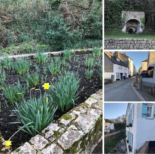 eine Collage mit Bildern eines Gartens mit Blumen in der Unterkunft Quirky Lyme Regis Apartment Near Beach in Lyme Regis