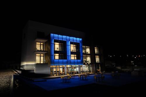 a building with blue lights on it at night at Vila Avy in Haţeg