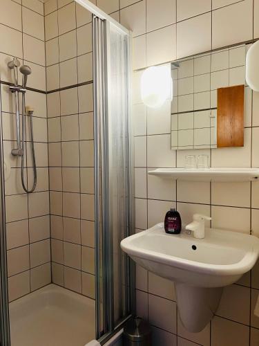 a bathroom with a shower and a sink at Hotel Weller Kahl am Main in Kahl am Main