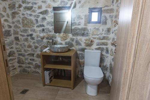 a bathroom with a toilet and a stone wall at Rafaela holiday home in Pitsidia