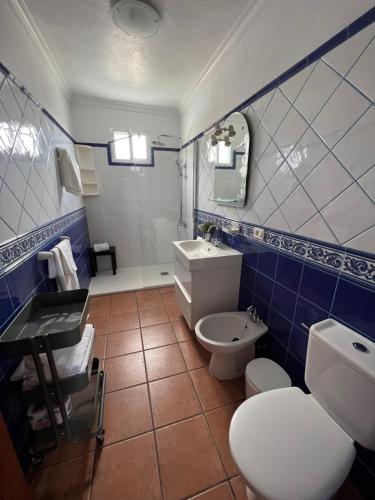 un bagno bianco e blu con servizi igienici e lavandino di Casa Agustín a Los Llanos de Aridane