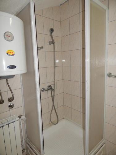 a shower with a glass door in a bathroom at Luxury Apartment Biljana in Ohrid