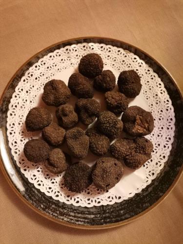 a plate of chocolate truffles on a table at Casa Oliva borgo del Benessere Olistico in Bargni